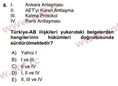 2016 Avrupa Birliği ve Türkiye İlişkileri Arasınav 8. Çıkmış Sınav Sorusu