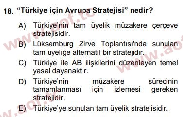 2016 Avrupa Birliği ve Türkiye İlişkileri Final 18. Çıkmış Sınav Sorusu