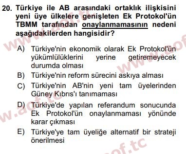 2016 Avrupa Birliği ve Türkiye İlişkileri Final 20. Çıkmış Sınav Sorusu