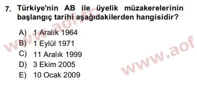 2016 Avrupa Birliği ve Türkiye İlişkileri Final 7. Çıkmış Sınav Sorusu