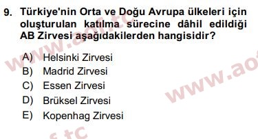 2016 Avrupa Birliği ve Türkiye İlişkileri Final 9. Çıkmış Sınav Sorusu