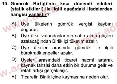 2018 Avrupa Birliği ve Türkiye İlişkileri Arasınav 10. Çıkmış Sınav Sorusu