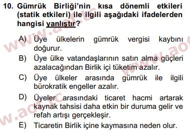 2018 Avrupa Birliği ve Türkiye İlişkileri Arasınav 10. Çıkmış Sınav Sorusu