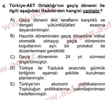 2018 Avrupa Birliği ve Türkiye İlişkileri Arasınav 4. Çıkmış Sınav Sorusu