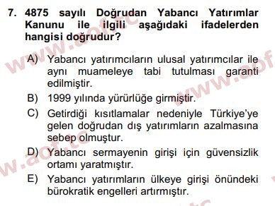 2018 Avrupa Birliği ve Türkiye İlişkileri Arasınav 7. Çıkmış Sınav Sorusu