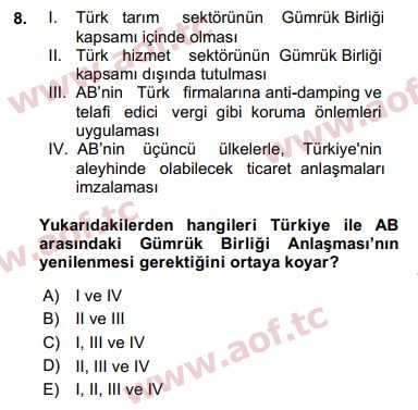 2018 Avrupa Birliği ve Türkiye İlişkileri Arasınav 8. Çıkmış Sınav Sorusu