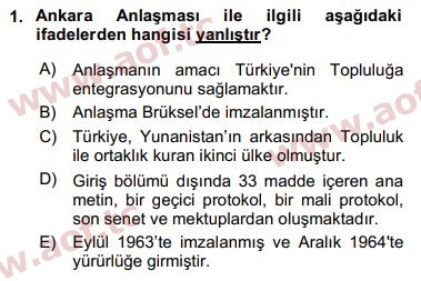 2018 Avrupa Birliği ve Türkiye İlişkileri Final 1. Çıkmış Sınav Sorusu