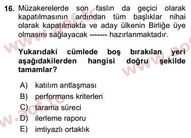 2018 Avrupa Birliği ve Türkiye İlişkileri Final 16. Çıkmış Sınav Sorusu