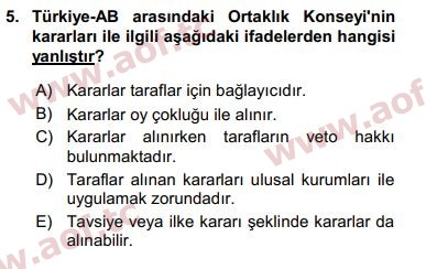 2018 Avrupa Birliği ve Türkiye İlişkileri Final 5. Çıkmış Sınav Sorusu