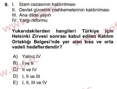 2018 Avrupa Birliği ve Türkiye İlişkileri Final 9. Çıkmış Sınav Sorusu