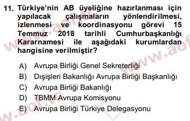 2019 Avrupa Birliği ve Türkiye İlişkileri Arasınav 11. Çıkmış Sınav Sorusu