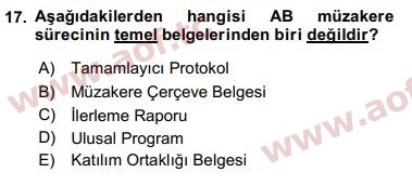 2019 Avrupa Birliği ve Türkiye İlişkileri Arasınav 17. Çıkmış Sınav Sorusu
