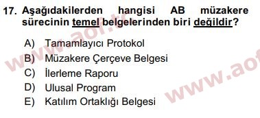 2019 Avrupa Birliği ve Türkiye İlişkileri Arasınav 17. Çıkmış Sınav Sorusu