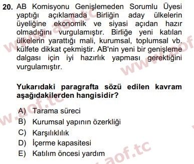 2019 Avrupa Birliği ve Türkiye İlişkileri Arasınav 20. Çıkmış Sınav Sorusu