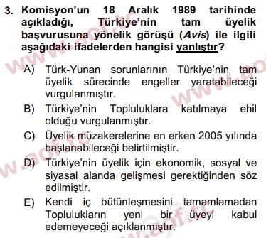 2019 Avrupa Birliği ve Türkiye İlişkileri Arasınav 3. Çıkmış Sınav Sorusu