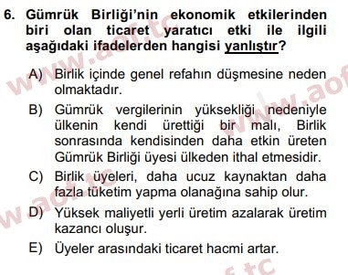 2019 Avrupa Birliği ve Türkiye İlişkileri Arasınav 6. Çıkmış Sınav Sorusu