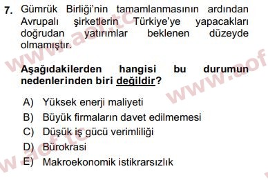 2019 Avrupa Birliği ve Türkiye İlişkileri Arasınav 7. Çıkmış Sınav Sorusu