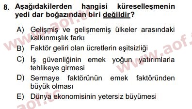 2016 Ekonominin Güncel Sorunları Arasınav 8. Çıkmış Sınav Sorusu