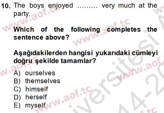 2015 İngilizce 2 Yaz Okulu 10. Çıkmış Sınav Sorusu
