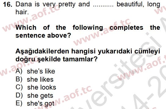 2015 İngilizce 2 Yaz Okulu 16. Çıkmış Sınav Sorusu
