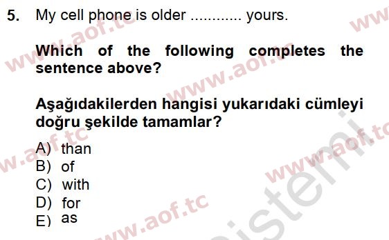 2015 İngilizce 2 Yaz Okulu 5. Çıkmış Sınav Sorusu