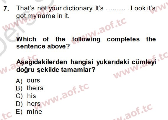 2015 İngilizce 2 Yaz Okulu 7. Çıkmış Sınav Sorusu
