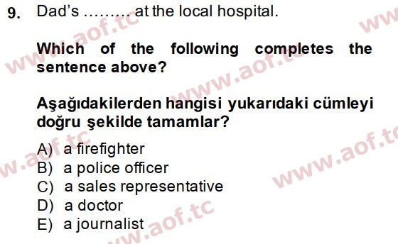 2015 İngilizce 2 Yaz Okulu 9. Çıkmış Sınav Sorusu