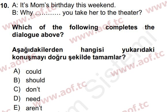 2016 İngilizce 2 Yaz Okulu 10. Çıkmış Sınav Sorusu