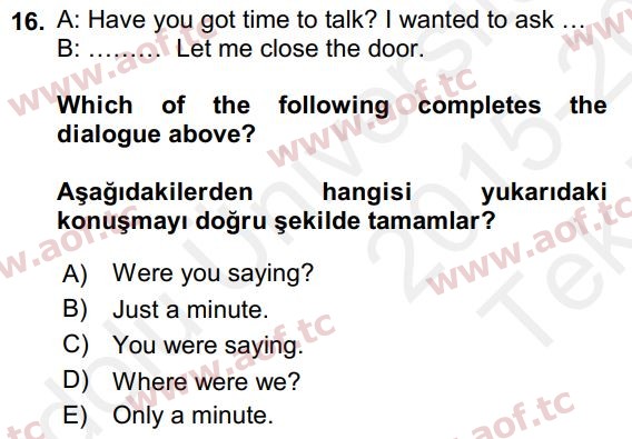 2016 İngilizce 2 Yaz Okulu 16. Çıkmış Sınav Sorusu