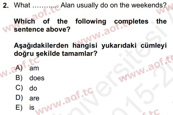 2016 İngilizce 2 Yaz Okulu 2. Çıkmış Sınav Sorusu