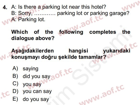 2016 İngilizce 2 Yaz Okulu 4. Çıkmış Sınav Sorusu