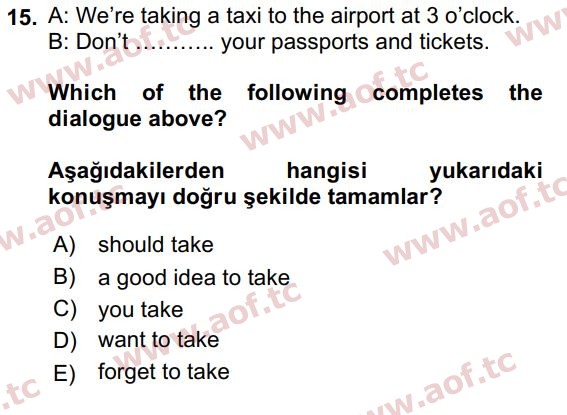 2017 İngilizce 2 Yaz Okulu 15. Çıkmış Sınav Sorusu