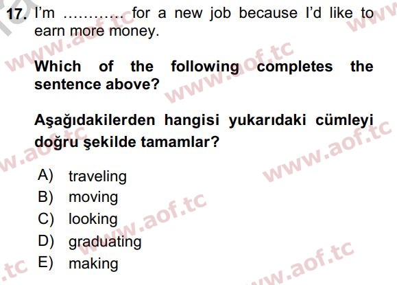 2017 İngilizce 2 Yaz Okulu 17. Çıkmış Sınav Sorusu