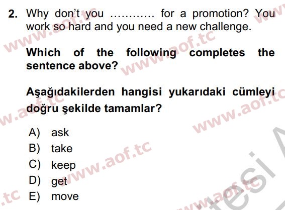 2017 İngilizce 2 Yaz Okulu 2. Çıkmış Sınav Sorusu