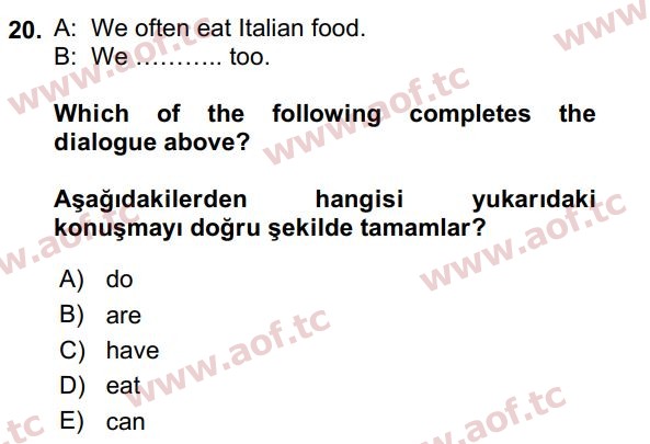 2017 İngilizce 2 Yaz Okulu 20. Çıkmış Sınav Sorusu