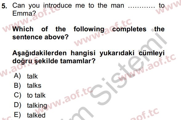2017 İngilizce 2 Yaz Okulu 5. Çıkmış Sınav Sorusu