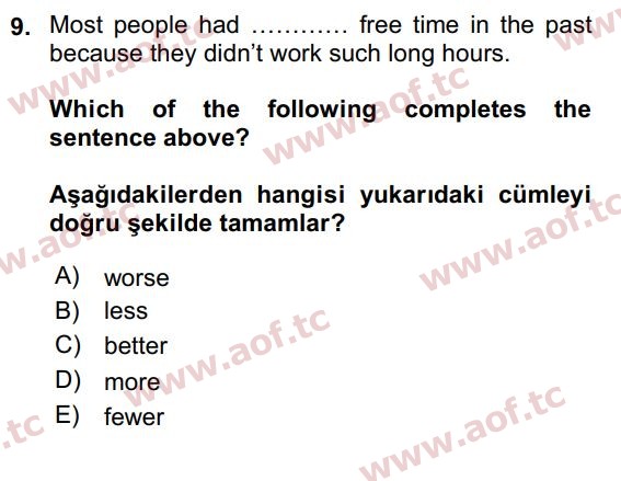 2017 İngilizce 2 Yaz Okulu 9. Çıkmış Sınav Sorusu