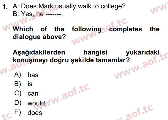 2018 İngilizce 2 Yaz Okulu 1. Çıkmış Sınav Sorusu