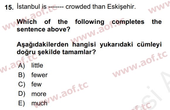 2018 İngilizce 2 Yaz Okulu 15. Çıkmış Sınav Sorusu