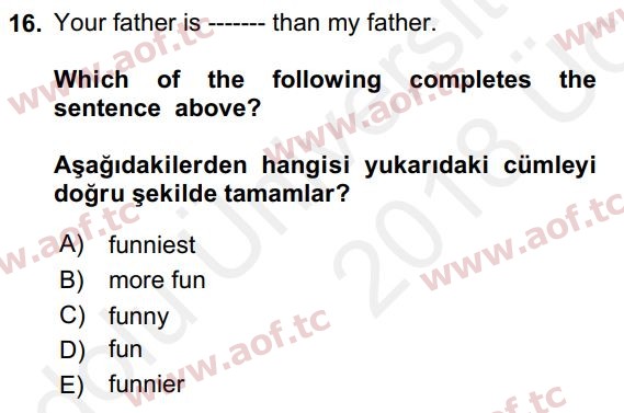 2018 İngilizce 2 Yaz Okulu 16. Çıkmış Sınav Sorusu