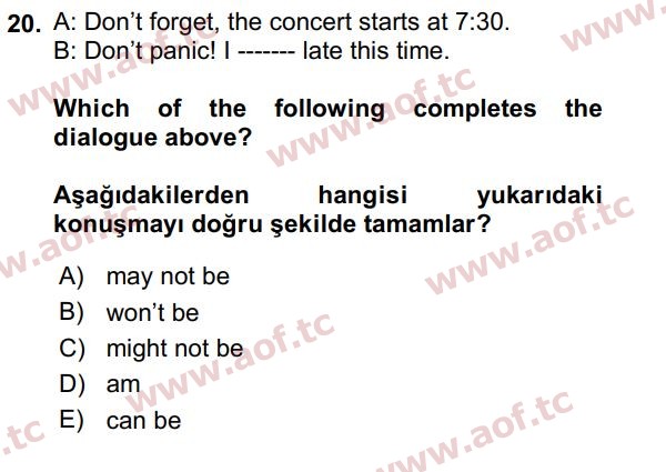 2018 İngilizce 2 Yaz Okulu 20. Çıkmış Sınav Sorusu