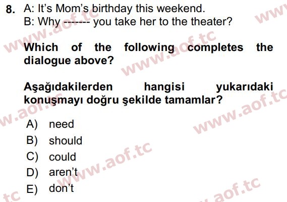 2018 İngilizce 2 Yaz Okulu 8. Çıkmış Sınav Sorusu