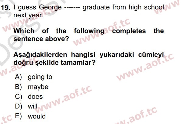 2019 İngilizce 2 Yaz Okulu 19. Çıkmış Sınav Sorusu