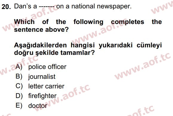 2019 İngilizce 2 Yaz Okulu 20. Çıkmış Sınav Sorusu