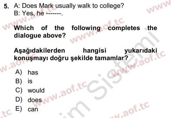 2019 İngilizce 2 Yaz Okulu 5. Çıkmış Sınav Sorusu