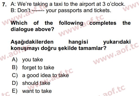 2019 İngilizce 2 Yaz Okulu 7. Çıkmış Sınav Sorusu