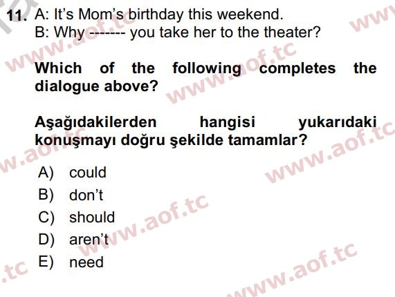 2020 İngilizce 2 Yaz Okulu 11. Çıkmış Sınav Sorusu