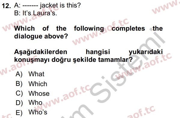 2020 İngilizce 2 Yaz Okulu 12. Çıkmış Sınav Sorusu