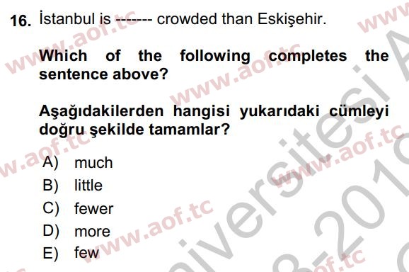 2020 İngilizce 2 Yaz Okulu 16. Çıkmış Sınav Sorusu