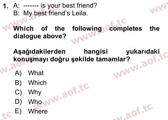 2021 İngilizce 2 Yaz Okulu 1. Çıkmış Sınav Sorusu